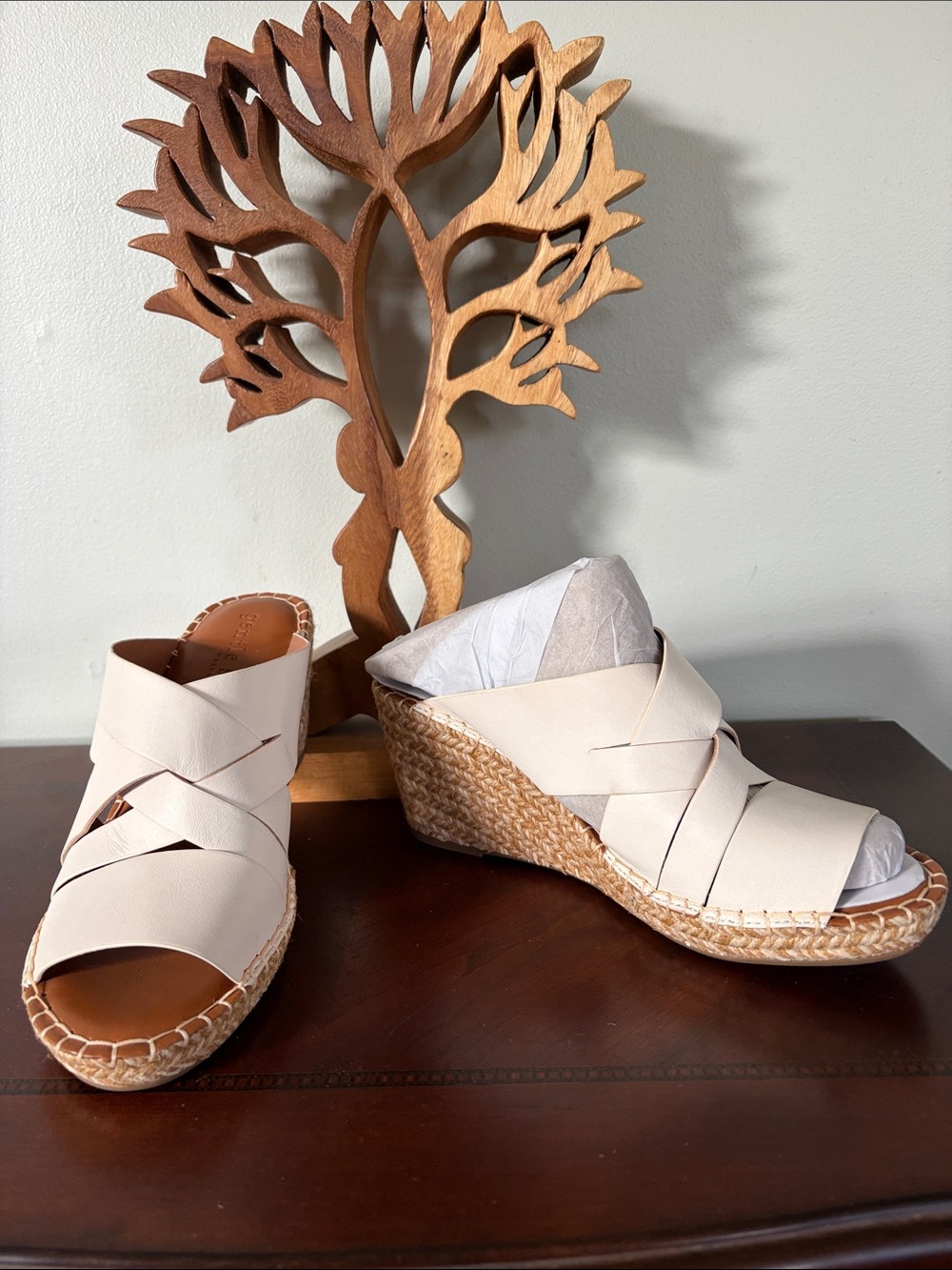 Gentle Souls Leather Charli Woven Strap Cream Wedge Espadrille Sandals 10M